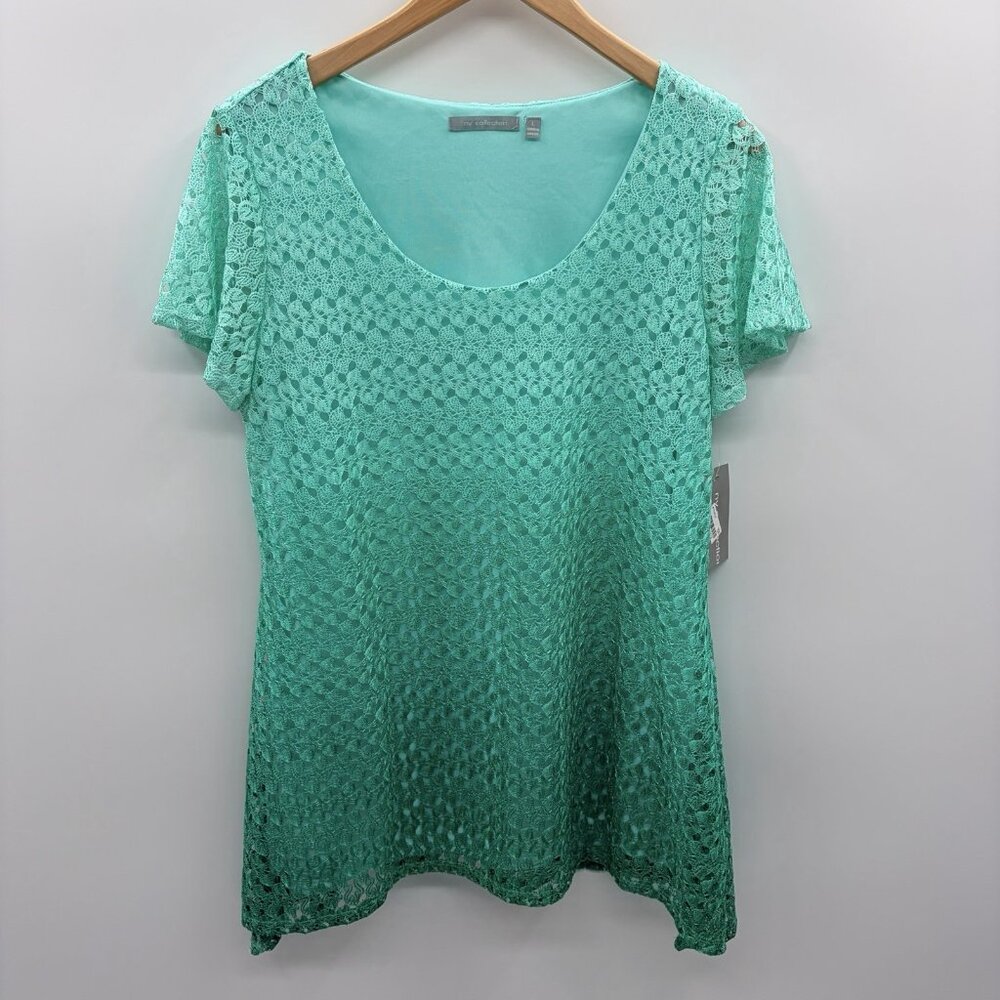 NY Collection Womens Size Large Short Sleeve Crochet Ombre Blouse in Green 1696